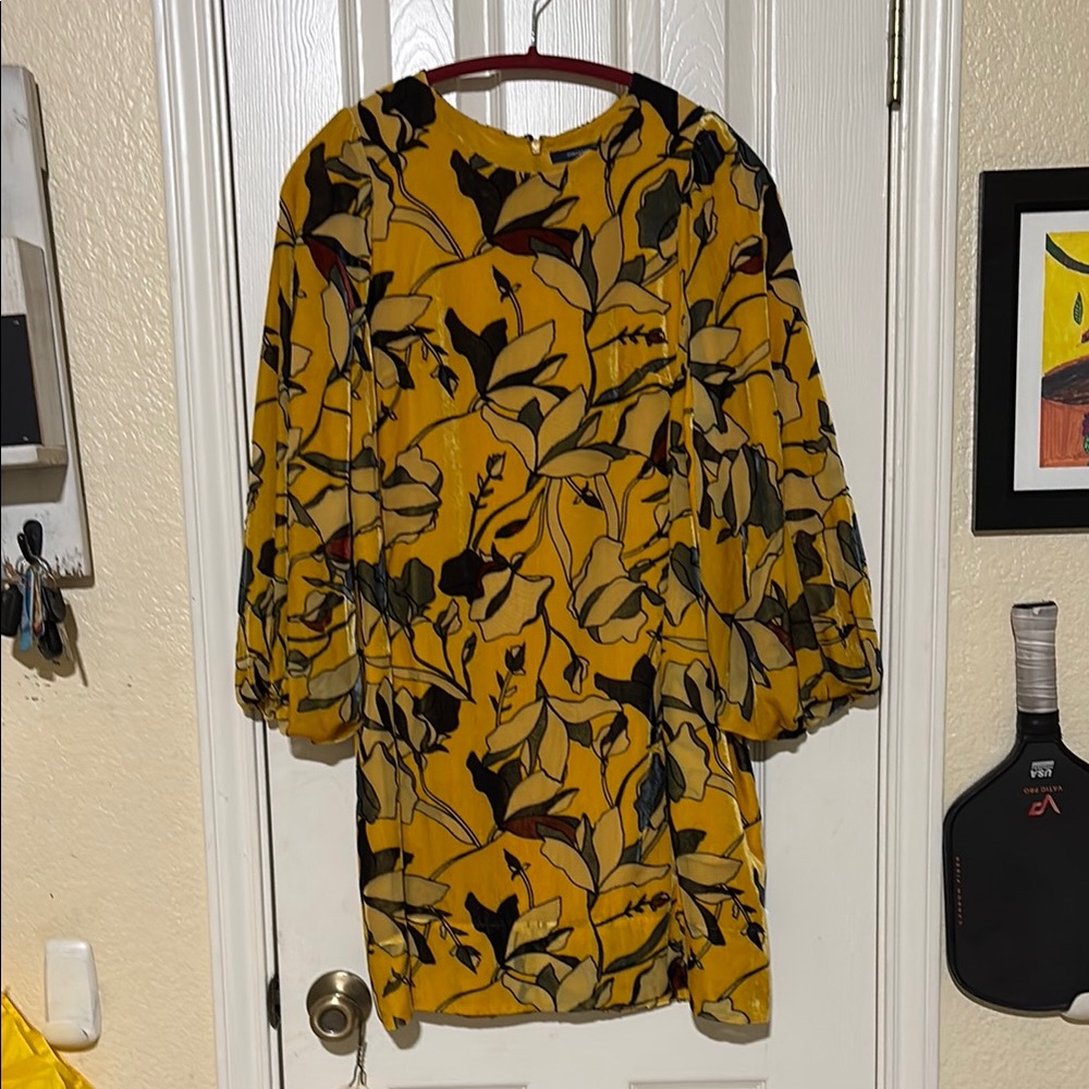 French Connection Velvet Mustard Floral Dress